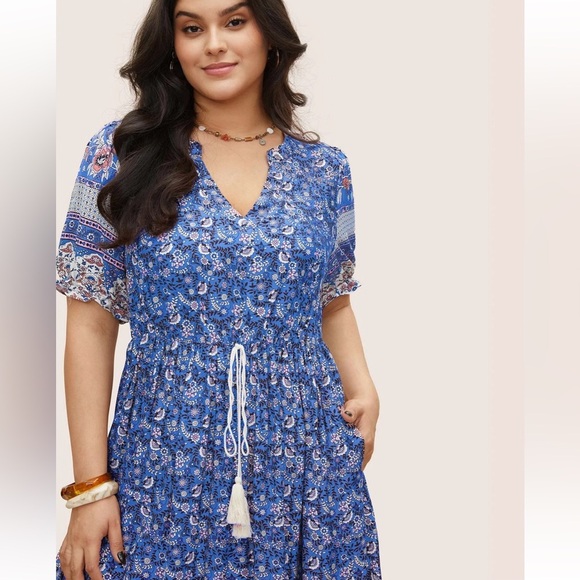 BloomChic Plus Size 4XL  Boho Print Notched Ties Tassel Trim Dress us26 - Picture 3 of 5